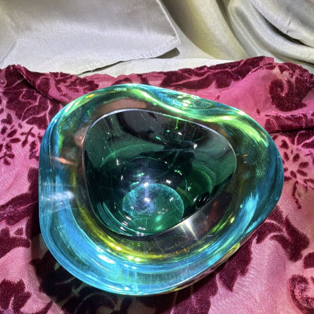 Murano Hand Blown Art Glass Decorative Bowl Green Blue Abstract Shape